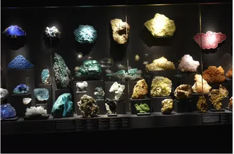 Case with rare minerals at the Bruce Museum. (Photo by Ben Crowther)